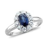 Natural Sapphire and Diamond Engagement Ring in 14k White Gold Halo Ring (G, SI2, 1.00 cttw), 6x4mm, Certificate of Authenticity