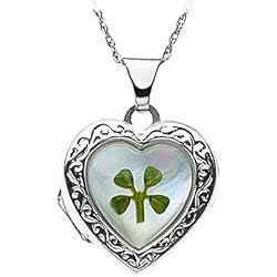Sterling Silver Mother of Pearl Four Leaf Clover Heart Locket