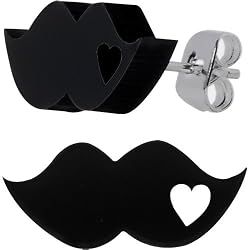Black Acrylic Heart Mustache Stud Earrings