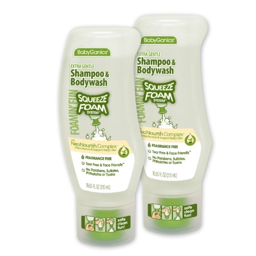 BabyGanics Foamin' Fun Foaming Body Wash & Shampoo, Gentle Formula, Fragrance Free, 10.65-Fluid Ounce Bottles (Pack of 2), Packaging May Vary