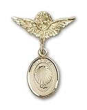 14kt Gold Baby Badge with Baptism Charm and Angel w/Wings Badge Pin