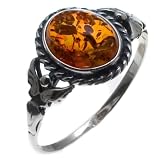Certified Genuine Honey Amber and Sterling Silver Oval Ring, Size 10