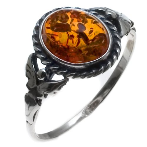 Certified Genuine Cognac Amber and Sterling Silver Filigree Oval Ring