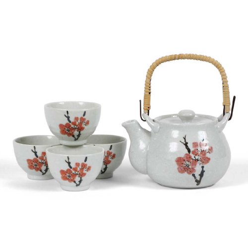 "Japanese Stoneware Tea Set Gift Set with Tea Pot and Four Cups, Red Plum" "Japanese Stoneware Tea Set Gift Set with Tea Pot and Four Cups, Red Plum"