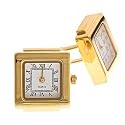 Gold plated square working quartz watch cufflinks with a white dial. Presentation boxed.