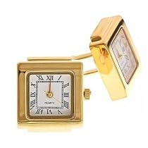 Gold plated square working quartz watch cufflinks with a white dial. Presentation boxed.