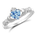 Sterling Silver Two Tone Aquamarine CZ Claddagh Ring Sizes 4 to 10