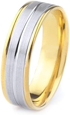 14k Gold Men's Two Tone Wedding Band with Center Polished Groove Polished Edges &amp; Satin Finish (6mm)