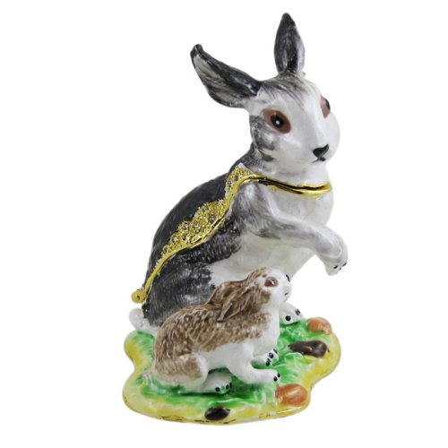 Rabbit & Baby Trinket Jewelry Box – Gray – Figurine – Bejeweled