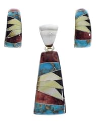 Multicolor Inlay Sterling Silver Pendant Earrings Jewelry Set PX29733