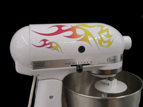 Tribal Flame Decal Cover Kit red, orange, and yellow with blue trim, designed to fit all KitchenAid stand mixers including Classic, Artisan, and Professional 600, without accessory interference.