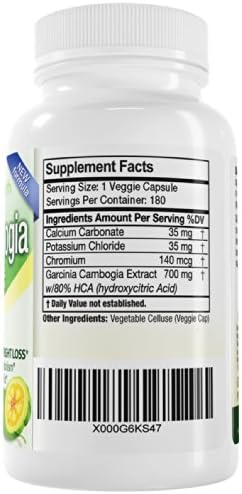 Garcinia Cambogia 80 HCA. Super Strength Pure Ultra Premium Extract with Potassium and Calcium. 180 Capsules. Easy Weight Loss Supplement. All Natural Appetite Suppressant. 770mg Per Serving 180 Capsules/servings.