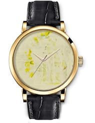 SPRAWL Aanalog Fashion Series Gold Ladies Watches of Genuine Black Leather Strap,Unique Wrist Watch for Women Girls Designed with Spots on a yellow flower and stem
