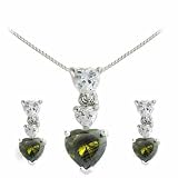 Sterling Silver Dark Green and Simulated Diamond cz Graduating Heart Earring and Slide Pendant Set