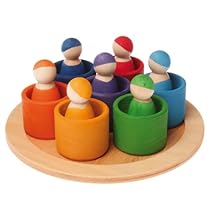 Hot Sale Grimm's Seven Friends in 7 Bowls: Set of Wooden Sorting & Matching Rainbow Peg Dolls with Tray