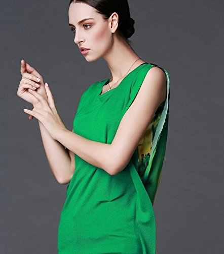 鮮やかなグリーン ソリッドカラーの サマー トップス バックはカラフル アートな模様 ノースリーブ エキゾチック スタイリッシュ ファッショナブル エレガンス オフィス カジュアル シティ派  限定MyStyleエコバック付
