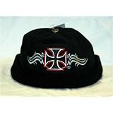 Buy Bullet Style Knit Biker Cap with Iron Cross with silver Flames Logo one size by y2