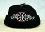 Bullet Style Knit Biker Cap with Iron Cross with silver Flames Logo one size