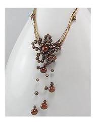 Dark Gold (Dyed) Flower Japanese silk cord Fresh Water Pearls Necklace In Zinc