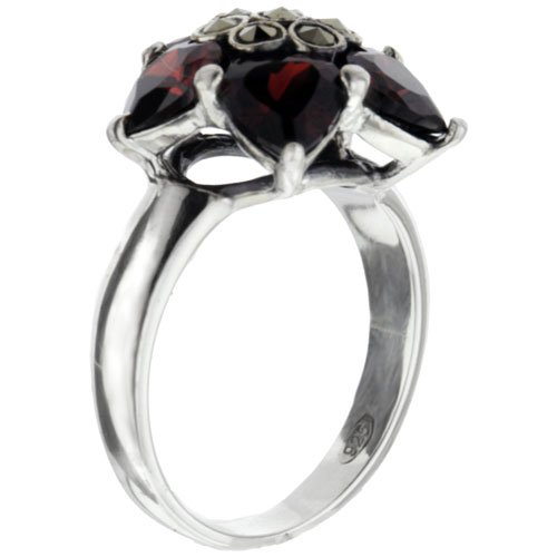 Sterling Silver Garnet Flower Cz Ring