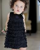RuffleButts Baby Girls Black Satin Organza Ruffled Party Dress