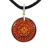 10k Yellow Gold Hand-Carved Heart Mandala Amber Pendant with Diamond-Accent Bale, 18