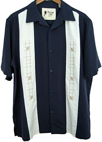 Mens Silk Camp Shirt Retro Bowling Panel 50s Casual Embroidery Navy Blue (Small)