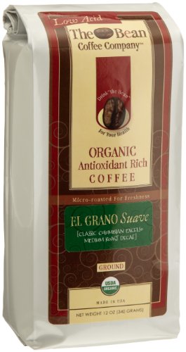 The Bean Coffee Company El Grano Suave (Classic Columbian Excelso) Organic Ground Coffee,  Decaffeinated, 12-Ounce Bags (Pack of 2)