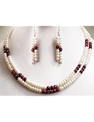 2 Strands Natural Beautiful Handcrafted Pearl & Ruby Beaded Necklace with Free Earrings