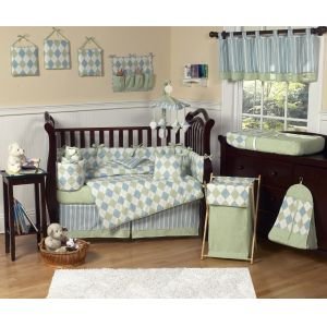 Modern Blue and Green Argyle Baby Boy Beddings 9pc Crib Set