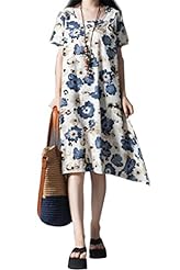 Floral Print Short Sleeves Cotton/Linen Midi Dress 