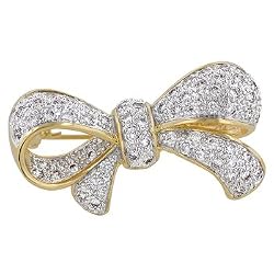 Ribbon Shaped Brooch, 14kt Gold-Plated and Rhodium-Plated, Clear CZ