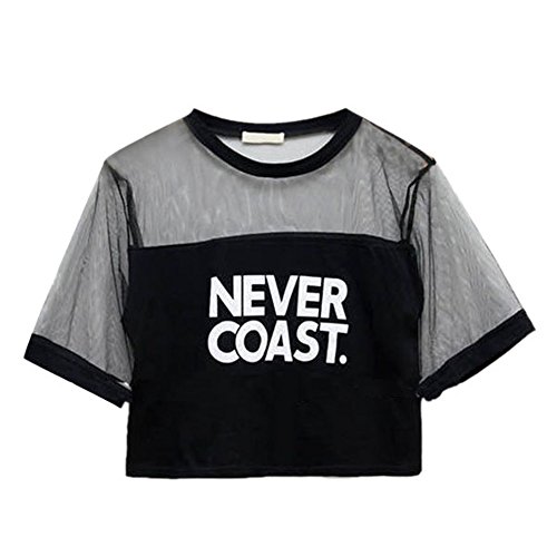 EFINNY Women Sexy Sheerness Crop Blouse Cool Crew Neck Short Sleeve T-Shirt Tops