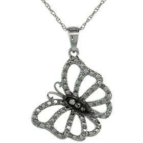 Revoni 9ct White Gold 18 in. Thin Chain & 3/4 in. (19mm) tall Butterfly Diamond Pendant w/ 0.02 Carat Brilliant Cut Diamonds
