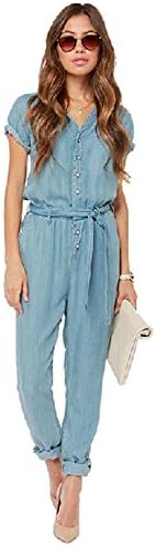 Women's Chambray Denim Jumpsuit V-neck Casual Siamese Trousers (XS)