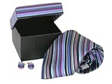 Black, Blue, Taupe, Fuchsia, and Beige Striped Silk Necktie & Cufflinks