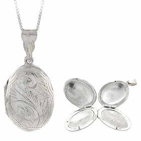 Sterling Silver Etched Flower Design Oval Four Panel Locket Pendant by 