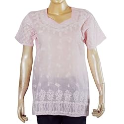 Lady Shirt Cotton Short Sleeve Top Blouse Chikan Embroidery Size M (ctop437)