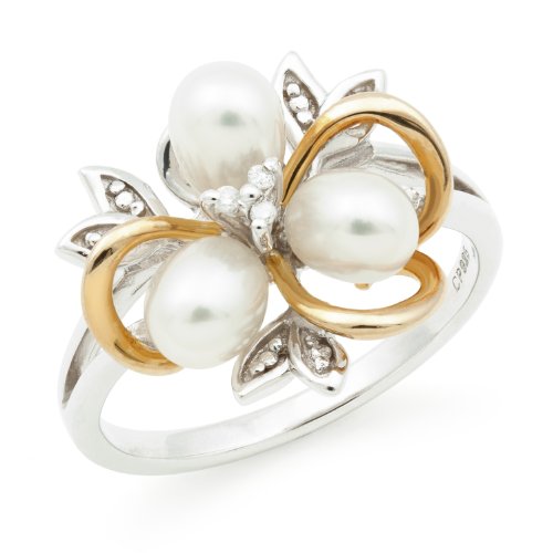 Sterling Silver Diamond Leaves Ring with Gold-Plated Curls and 3 White Freshwater Drop Pearls