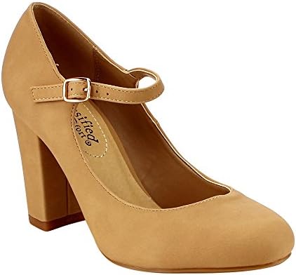 Cityclassified Comfort FE66 Women's Mary Jane High Chunky Block Heel Pumps, Color:NATURAL, Size:10