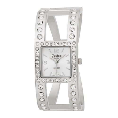 Golden Classic Women's 2157_Silv Silver-Tone Square Rhinestone Cuff Watch