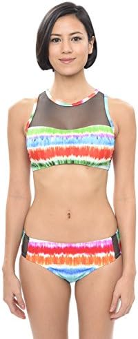 Seabodies Women's High Neck Mesh Colorful Stripe Tie Dye Print Bikini Set (FBA) (US 14)