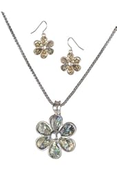 Silver-Tone Green Abalone Flower Pendant Magnetic Clasp Popcorn Chain & Matching Earrings