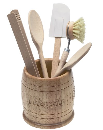 T&G Heritage Round Utensil Pot in Hand Carved Hevea Wood. D120x125mm