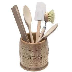 T&G Heritage Round Utensil Pot in Hand Carved Hevea Wood. D120x125mm