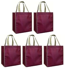 Reusable Grocery Tote Bags 5 Pack, Burgundy w/ Contrast Trim Combo
