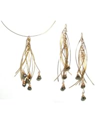 Zia Couture 14K Gold Plated "Sticks & Stones" Set of Wire Pendant Necklace And Earrings With Genuine Pyrite Gemstones