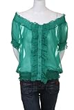 Poppy Garden Tuxedo Ruffle Smocked Boat Neck Sheer Button Down Blouse Top Green M