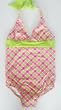 Girls 7-16 Tie Neck Swimsuit - Pink Lime Plaid