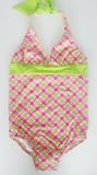 Girls 7-16 Tie Neck Swimsuit - Pink Lime Plaid